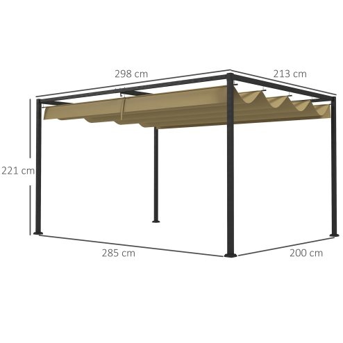 Outsunny 3 x 2m Metal Outdoor Pergola with Retractable Roof, Outdoor Gazebo Canopy Shelter with Drainage Holes for Garden, Patio, Lawn, Khaki