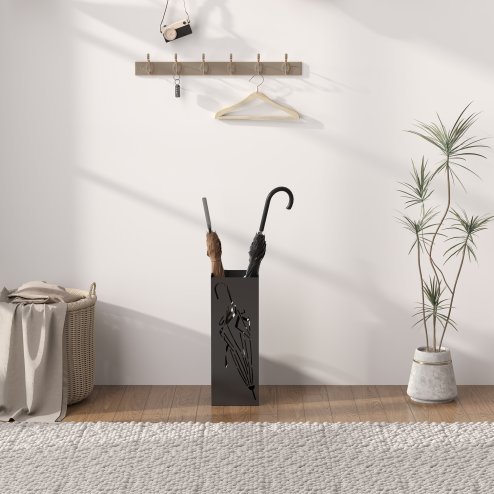 HOMCOM Metal Umbrella Stand, Square Umbrella Holder with 4 Hooks and Removable Drip Tray, Decorative Umbrella Storage Rack for Entryway, Hallway, 15.5 x 15.5 x 41 cm, Black