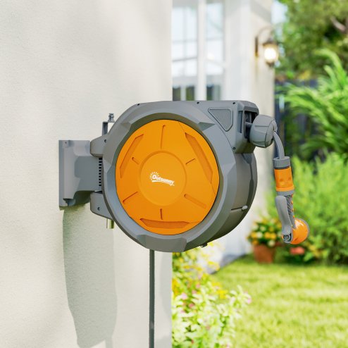Outsunny Retractable Hose Reel Wall Mounted, 30+2m Garden Hose Pipe Reel with Lock, Auto Rewind, 7 in 1 Spray Nozzle, Includes Wall Fixings, 180?? Swivel, Outdoor Watering, Orange