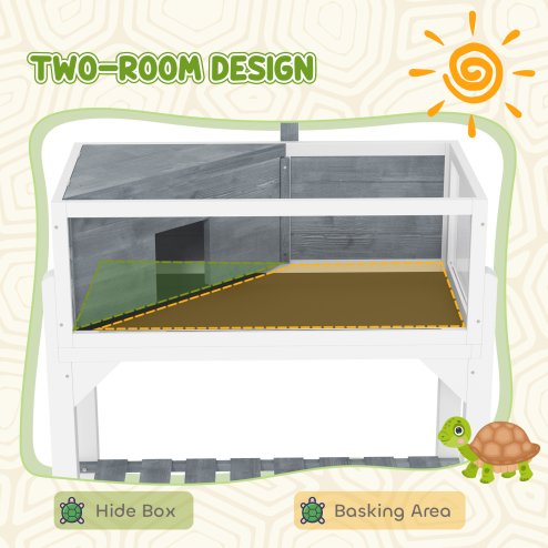 PawHut Wooden Tortoise House with Storage Shelf, Tortoise Enclosure Habitat with Clear Windows, Lamp Holder, Openable Top, Built-in Tray, for Indoor Use, Grey