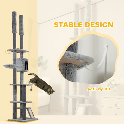 PawHut Floor to Ceiling Cat Tree, 225-255cm Height Adjustable Large Cat Tower 6 Levels Activity Centre for Indoor Cats with Cat Scratching Posts Ramp, Condo Hammock, Play Balls - Grey