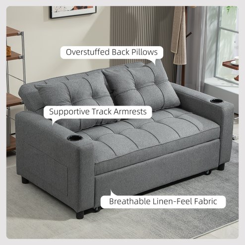 HOMCOM 2 Seater Sofa Bed, Convertible Pull Out Sofa Bed with Adjustable Backrest, Cup Holders and Pillows, Click Clack Settee for Living Room, Bedroom, Guest Room