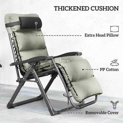 Outsunny Zero Gravity Chairs Set of 2, Folding Reclining Garden Chair, Outdoor Sun Lounger with Cushion, Garden Recliner Chairs with Headrest and Cup Phone Holder Tray for Beach, Grey