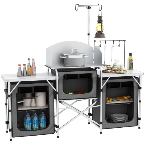 Outsunny Folding Camping Kitchen, Portable Aluminium Camping Table with 3 Fabric Cupboards, Windshield, Light Stand, Carrying Bag for BBQ, RV, Picnic, Grey