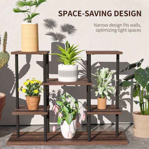 Outsunny 4 Tiered Plant Stand, Metal Planter Shelf Display Rack for Multiple Plants, Flower Pot Holder for Living Room, Patio, Balcony, Garden, Carbonised Finish