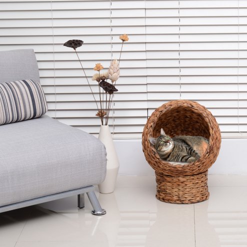 PawHut Wicker Cat House, Raised Cat Bed with Cylindrical Base, Soft Washable Cushion, Woven Water Hyacinth Cat Basket for Indoor and Outdoor, 42 x 33 x 52 cm - Brown