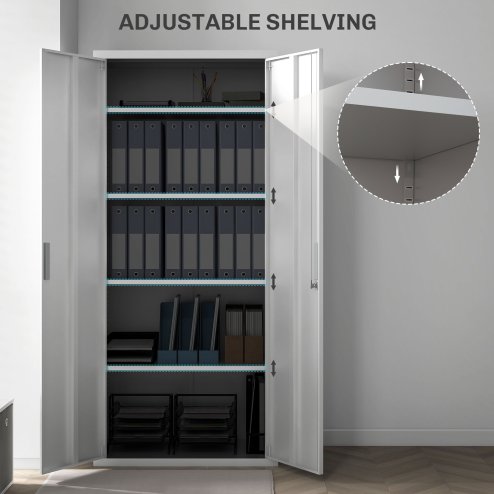 HOMCOM 5-Tier Metal Office Storage Cupboard, Lockable File Cabinet with 2 Doors and 4 Adjustable Shelves, for Home Office, Garage, White