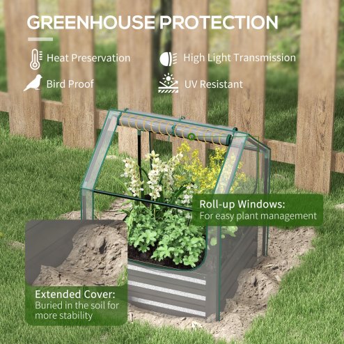 Outsunny Raised Garden Bed with Mini Greenhouse, Outdoor Metal Planter Box with Cover, for Herbs and Vegetables, Use for Patio, Garden, Balcony, Clear and Dark Grey