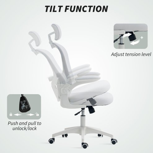 Vinsetto High Back Office Chair, Mesh Computer Desk Chair with Rotatable Headrest, 4D Lumbar Support, Flip-up Arm, Adjustable Height, White