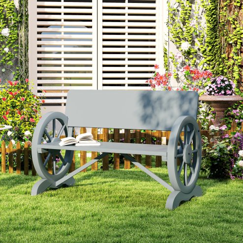 Outsunny Wooden Garden Bench, 2 Seater Outdoor Bench Outdoor with Wagon Wheel Armrests and High Back, Grey
