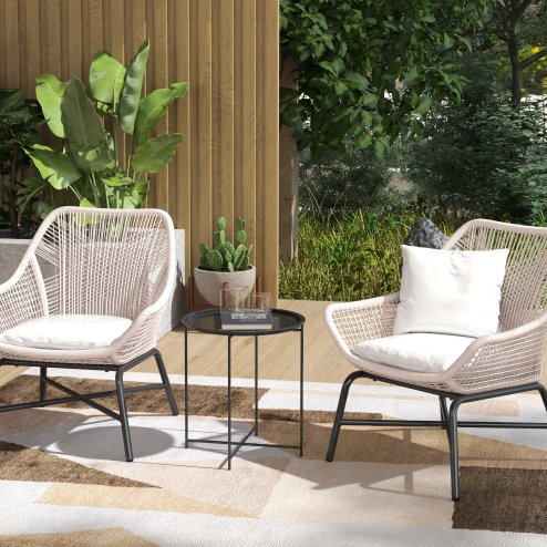Outsunny 46cm Round Small Garden Table with Removable Tray and Folding Legs, Metal Garden Side Table, Indoor Outdoor Coffee Table End Table for Patio, Balcony, Porch, Black
