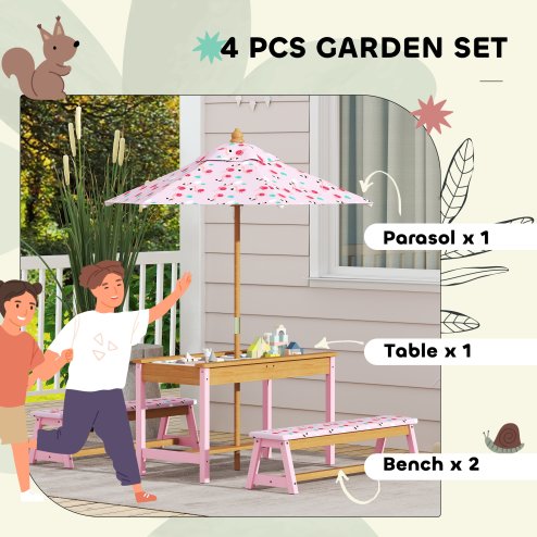 AIYAPLAY Kids Picnic Table, Wooden Children Garden Table and Bench Set with Removable & Foldable Umbrella, Cushions, Storage Boxes, Flamingo Theme Outdoor Furniture for Boys Girls, Pink