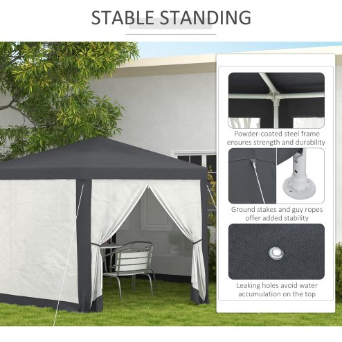 Outsunny 4M Hexagon Gazebo, Netting Party Tent, Patio Canopy Outdoor Event Shelter for Activities, Shade Resistant, Dark Grey