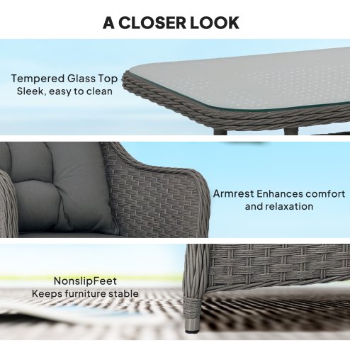 Outsunny 4 Pieces Rattan Garden Furniture Set, Round Wicker Garden Sofa Set with Loveseat, Armchairs and Glass Top Table, Outdoor Conservatory Furniture with Cushions for Patio, Balcony, Light Grey
