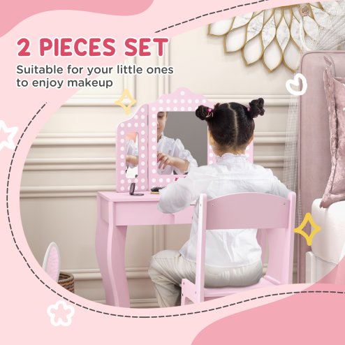AIYAPLAY Kids Dressing Table with Tri-Fold Mirror and Stool, Kids Vanity Table, Girls Make up Desk with Drawer, for Aged 3-8 Years Old - Pink