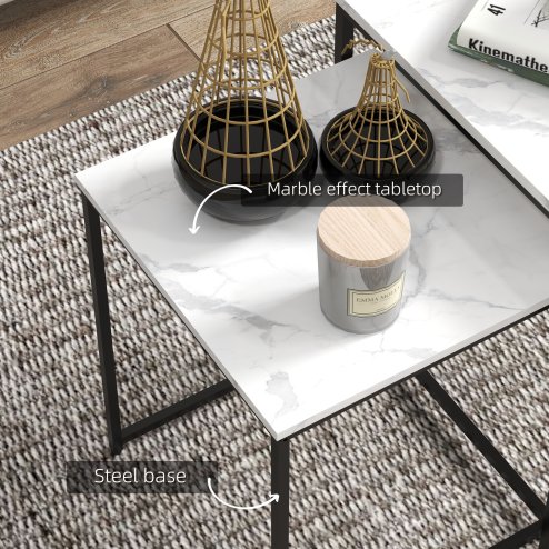 HOMCOM Nesting Tables Set of 3, Side End Table with Faux Marble Effect Top and Steel Legs for Living Room, Bedroom, White