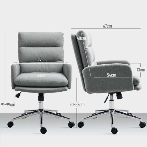 HOMCOM Home Office Chair, Upholstered Sherpa Fleece Desk Chair with Height Adjustable, Tilt Function and 360° Swivel Wheels for Home Office and Study Room, Grey