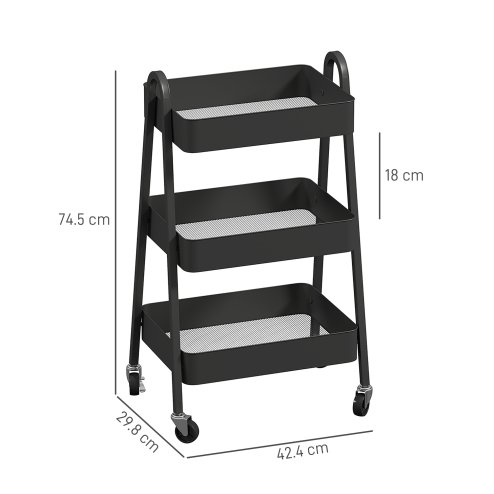 HOMCOM 3-Tier Storage Trolley on Wheels, Rolling Utility Cart with Handles, Mobile Kitchen Storage Cart for Living Room, Dining Room, Bedroom, Bathroom
