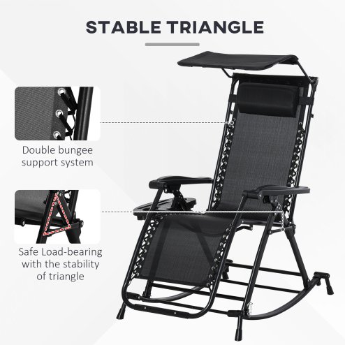 Outsunny Garden Rocking Chair Folding Recliner Outdoor Adjustable Sun Lounger Rocker Zero-Gravity Seat with Headrest Side Holder Patio Deck - Black