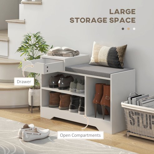 HOMCOM Shoe Storage Bench, Shoe Rack Bench with Seating Cushion, Drawer, 3 Open Compartments and Table Top for Entryway, Hallway