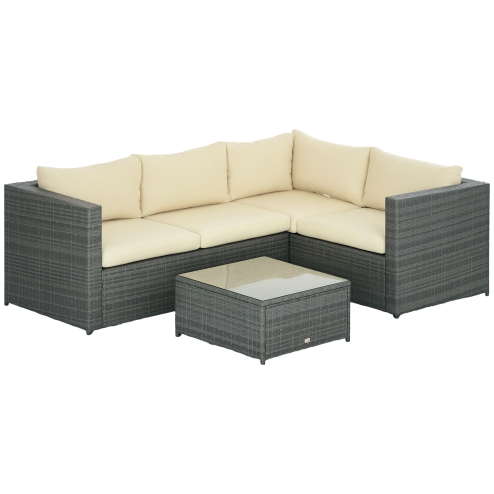 Outsunny 3 Pieces PE Rattan Garden Furniture Set with 10 cm Thick Cushions, 4 Seater Garden Corner Sofa Set with Glass Top Coffee Table, Outdoor Furniture for Patio, Porch, Beige