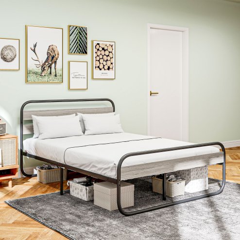 HOMCOM 5ft King Size Bed Frame, Industrial Style Metal Platform Bed Frame with Under Bed Storage, No Box Spring Needed, Easy Assembly, Grey
