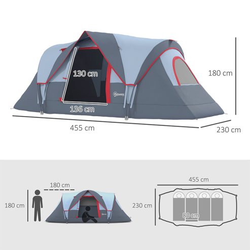 Outsunny 5-6 Man Dome Camping Tent Hiking Shelter UV Protection 3000mm Water Resistant Tunnel Tent
