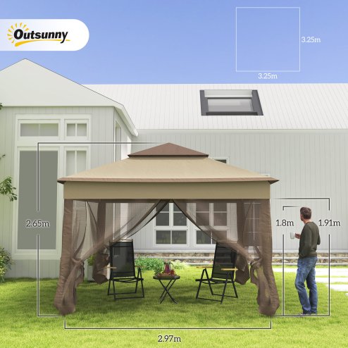 Outsunny 3 x 3(m) Pop Up Gazebo, Marquee Party Tent with Double Tier Roof, Netting and Carry Bag, Event Shelter for Outdoor Patio, Khaki