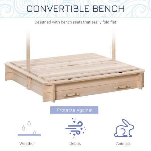 Outsunny Kids Wooden Sand Pit with Lids, Children Sandbox Height Adjustable Canopy for Garden, Convertible Bench Outdoor Garden Playset, Blue and White Canopy