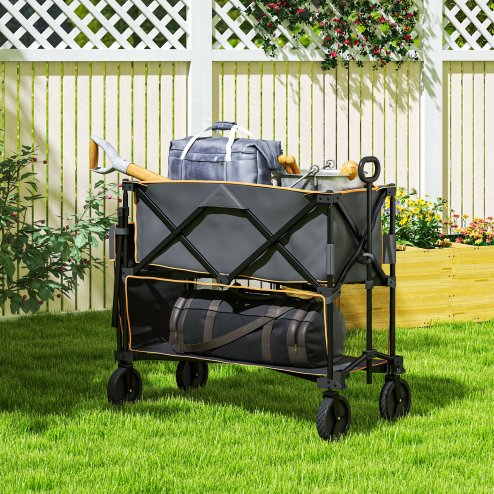 Outsunny Double Decker Folding Trolley on Wheels, 200KG & 350L Capacity Collapsible Wagon Festival Trolley Cart with 134cm Extended for Camping Sports Shopping Garden and Beach, Grey