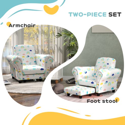 AIYAPLAY Kids Armchair with Stool, 2 Piece Kids Sofa Set with Cloud Design, Wooden Frame, Upholstered Kids Chair for Bedroom, Playroom, Kid Room, for 1.5-3 Years Old, White