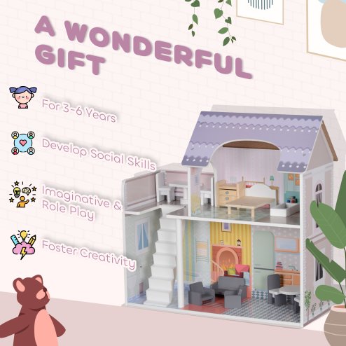 AIYAPLAY Dolls House with 13 Furniture Pieces and Accessories, 2 Levels Play Set with Balcony, Pretend Play Game, for Ages 3-6 Years