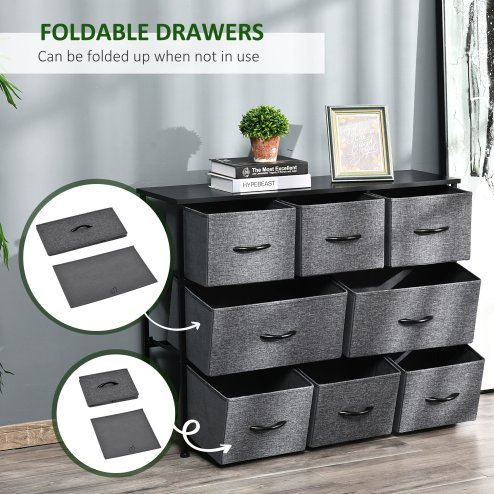HOMCOM Chest of Drawers with 8 Foldable Drawers, 3-Tier Fabric Bedroom Dresser, Clothes Storage Unit for Bedroom Living Room, Dark Grey