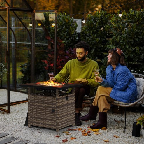 Outsunny Outdoor Rattan Gas Fire Pit Table, 50,000 BTU Square Garden Table with Fire Pit, Rain Cover, Wind Guard, Pulse-Ignition and Volcanic Rock, 72.5 x 72.5 x 67.5 cm, Mixed Brown