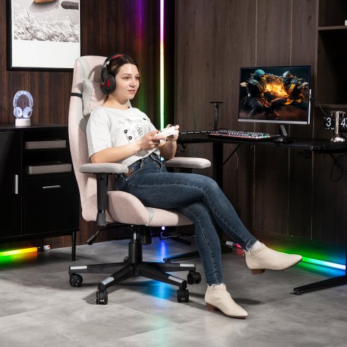HOMCOM Gaming Chair with Lumbar Support, Headrest for Adults, Fabric Desk Computer Chair with Adjustable Height and Armrest, 360 Swivel for Home Office, Pale Pink
