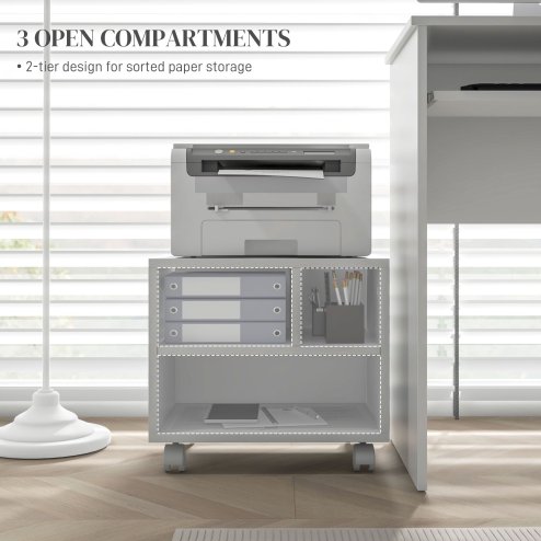 HOMCOM 2-Tier Printer Stand with Storage, Under Desk Printer Cart on Wheels with 3 Compartments, Desktop Printer Table for Home Office, White