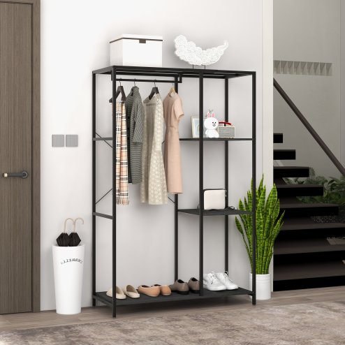 HOMCOM Coat Rack with Shoe Storage, 170cm Free Standing Hall Tree with Hanging Rail and Storage Shelves, 2-In-1 Coat Stand for Hallway, Entryway, Bedroom, Black