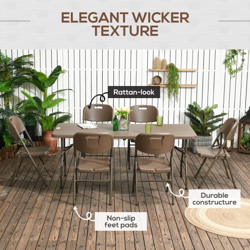Outsunny 6 Seater Garden Dining Set, Rattan-Style HDPE Garden Furniture Set, Outdoor Dining Table and Chairs with 6 Armchairs and Rectangular Plastic Top Table for Patio, Balcony, Dark Brown