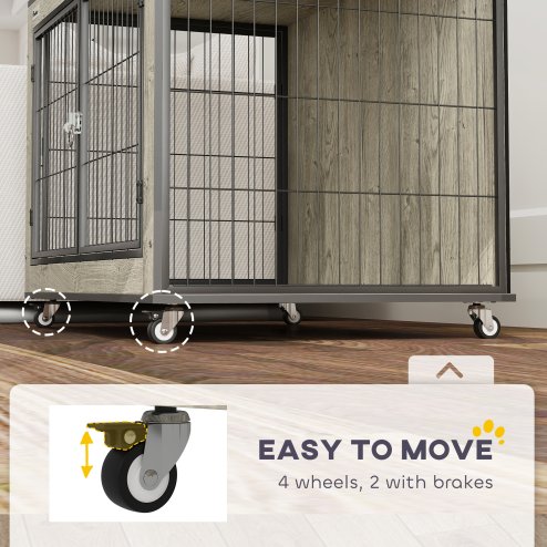 PawHut Dog Crate Furniture on Wheels, Dog Cage End Side Table with Lockable Double Doors, for Medium Breeds, 80 x 56 x 62.5cm, Grey