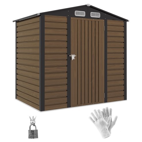 Outsunny 4.3 x  6.2 ft Garden Shed, Galvanised Metal Shed, Easy to Assemble, with Lockable Door, Gloves and 2 Vents Outdoor Tool Storage, Oak