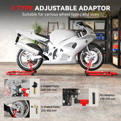 HOMCOM Motorcycle Stand Lift, 390 kg Capacity Convertible Front/Rear Motorbike Motorcycle Paddock Lift Stand with Adjustable U+L Fork Pin Adaptors, Wheels, Clamping Clips, Red