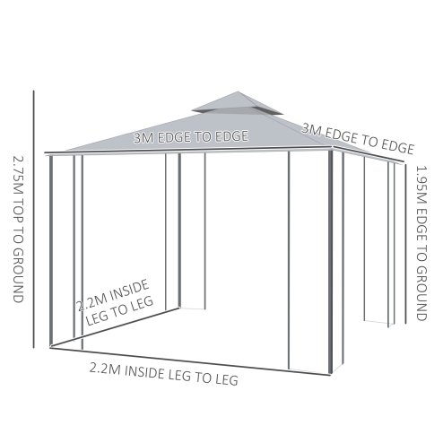 Outsunny 3(M)x3(M) Garden Gazebo Double Top Outdoor Canopy Patio Event Party Wedding Tent Backyard Sun Shade with Netting - Grey