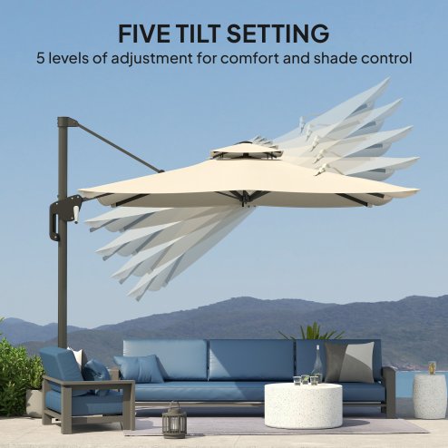 Outsunny 3.7 x 2.7 m Cantilever Parasol w/ 360 Rotation and Easy Tilt Adjustment, Aluminium Hanging Offset Outdoor Umbrella w/ Double Top and Cross Base, UPF50+ Hanging Sun Shade, Black