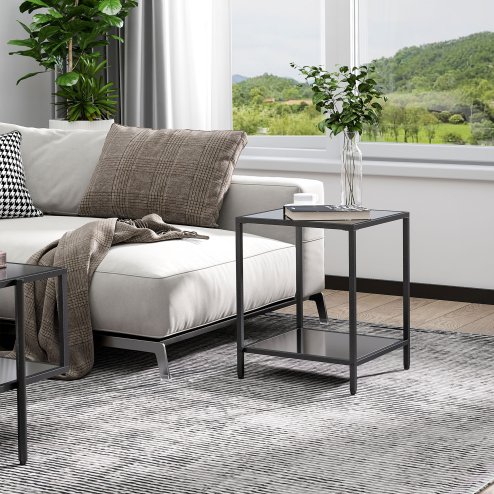 HOMCOM Tempered Glass Side Table with Storage, Modern 2-Tier Bedside Table with Steel Frame, Black