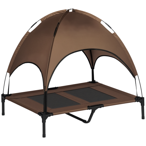 PawHut Raised Dog Bed Waterproof Elevated Pet Cot with Breathable Mesh UV Protection Canopy Brown, for Large Dogs, 92 x 76 x 90cm