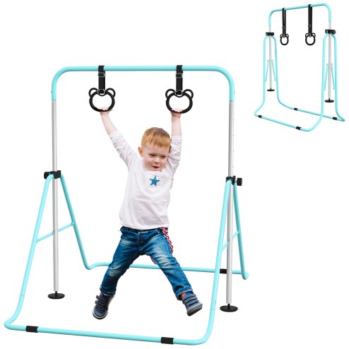 HOMCOM Kids Gymnastics Bar, Horizontal Bar for Kids, Adjustable Height Folding Gymnastics Equipment with Gymnastic Rings, Non-slip Rubber Floor Rings, for Home, Flat, Green