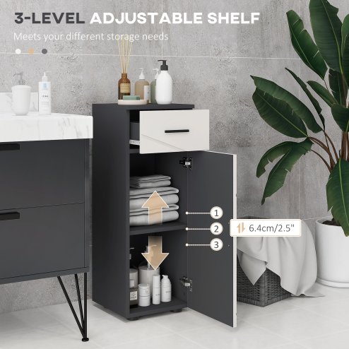 kleankin Slim Bathroom Cabinet, Narrow Bathroom Storage Cabinet with Drawer, Door Cupboard, Adjustable Shelf and Soft Close Mechanism, Grey