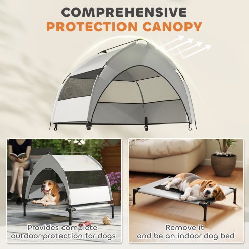 PawHut Elevated Dog Bed with Removable Canopy, Portable Cooling Raised Pet Cot with Breathable Mesh, Storage Bag, for Indoor Outdoor Use, for Small Medium Dogs, 76 x 61 x 70 cm, Light Grey
