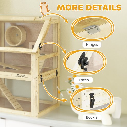 PawHut Wooden Hamster Cage, 3 Tier Gerbil Cage with Detachable 32cm Deep Bottom, Hut, Seesaw, Exercise Wheel, Ramps, Natural Wood Finish