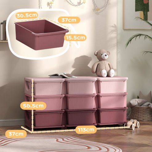 HOMCOM Kids Storage Units with 9 Drawers 3 Tier Chest Vertical Dresser Tower Toy Organiser for Nursery Playroom Kindergarten Pink